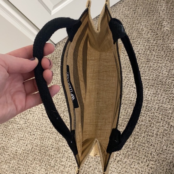 NWOT Burlap small tote bag with black stripes and handles 8.5” x 12” x 4” - Picture 3 of 4